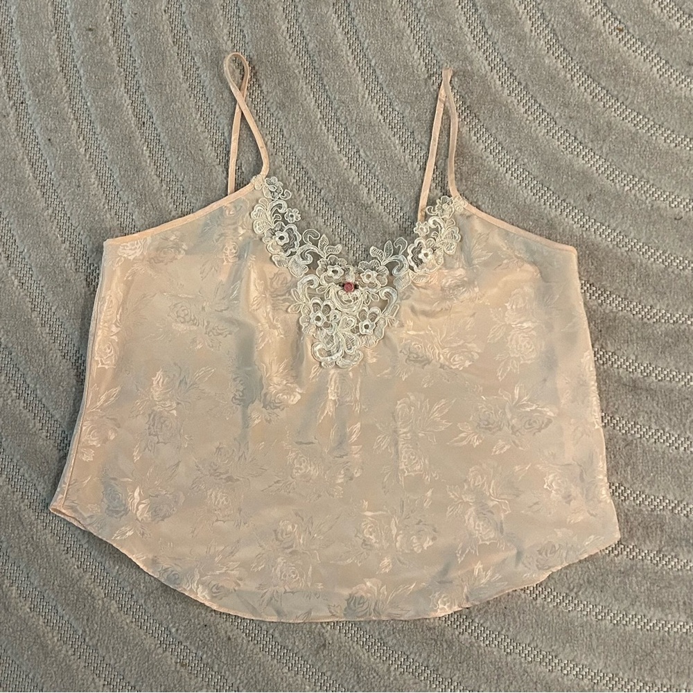 Vintage Inner Most Blush Pink Satin Floral Jacquard Camisole with Lace - L